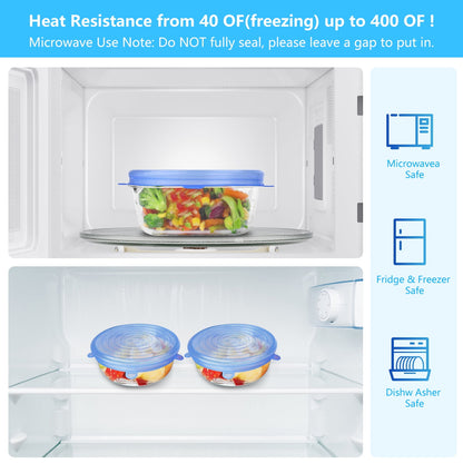 Reusable silicone stretch lids covering food containers