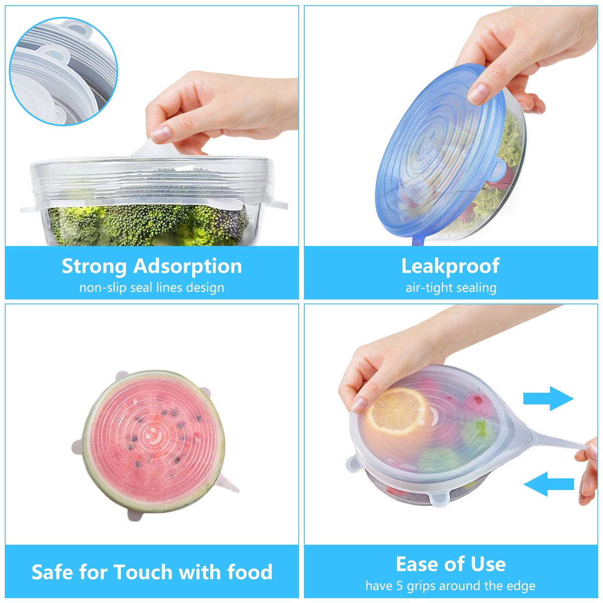 Four steps for fitting a silicone stretch lid to a container