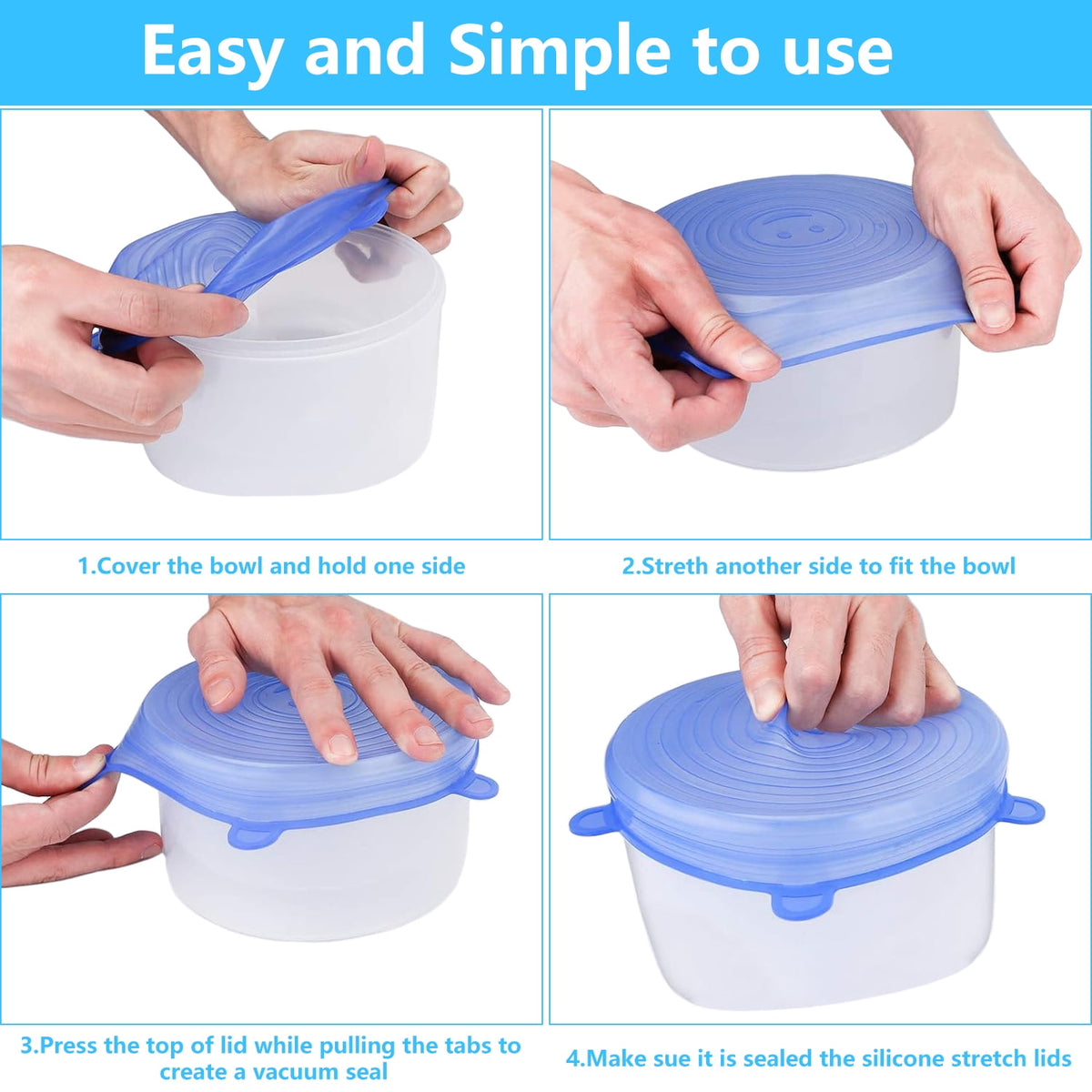 Silicone stretch lids for microwave refrigerator freezer and dishwasher use