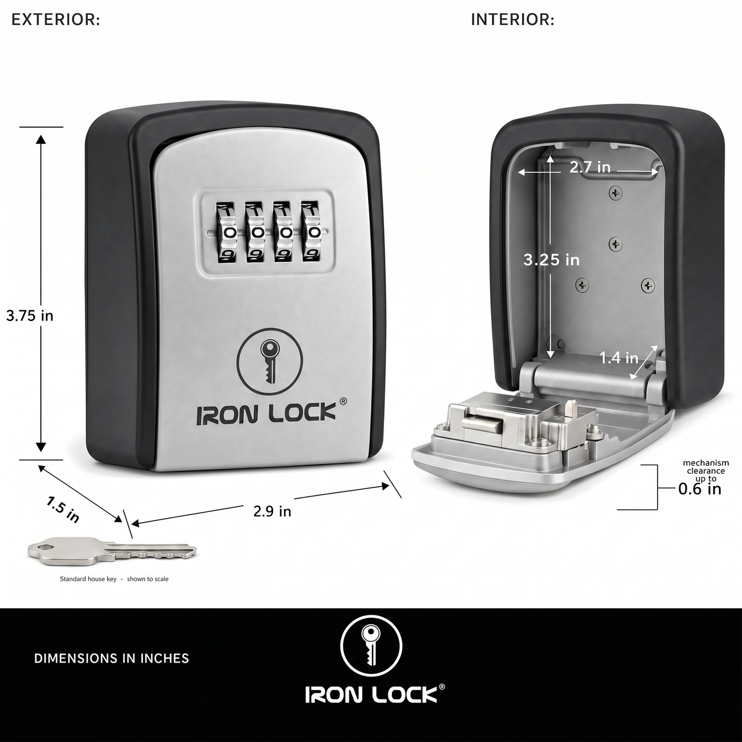 Exterior and interior dimensions of the small wall-mount key lock box