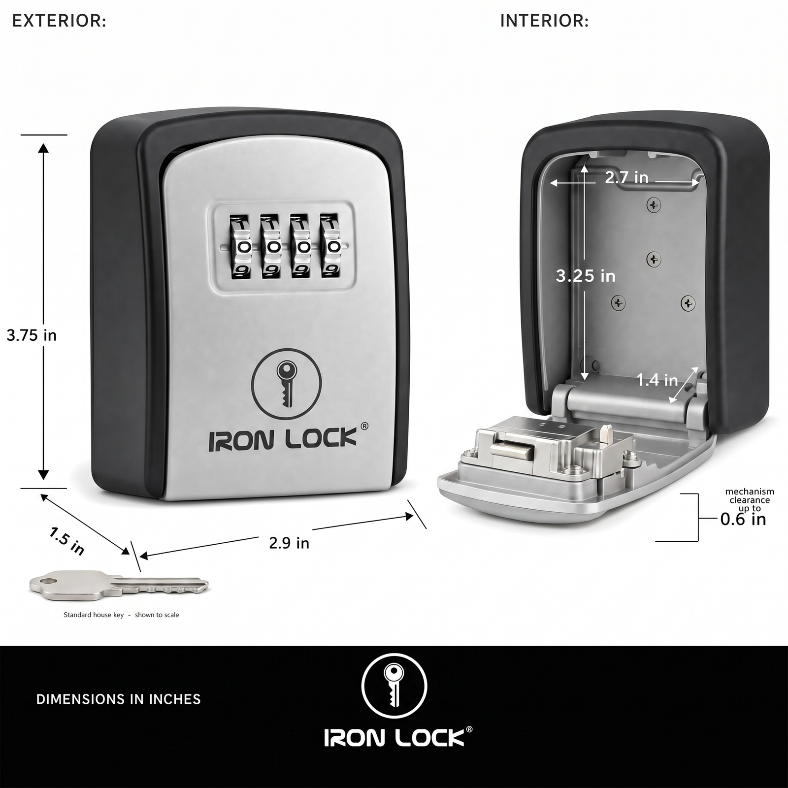 Exterior and interior dimensions of the small wall-mount key lock box