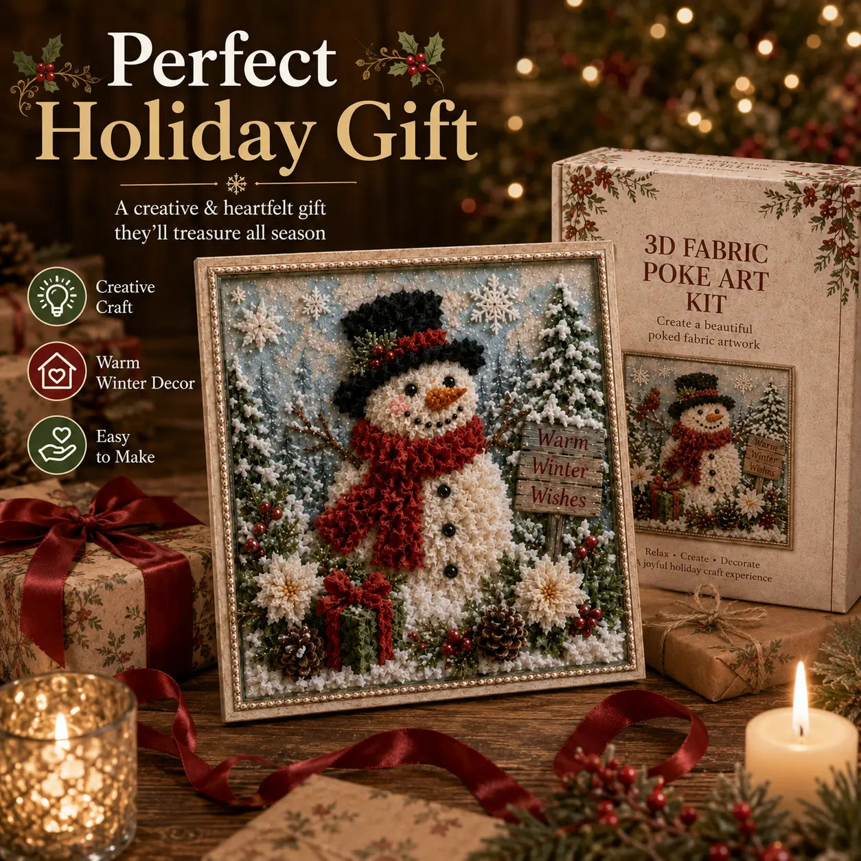 Snowman poke art Christmas gift scene