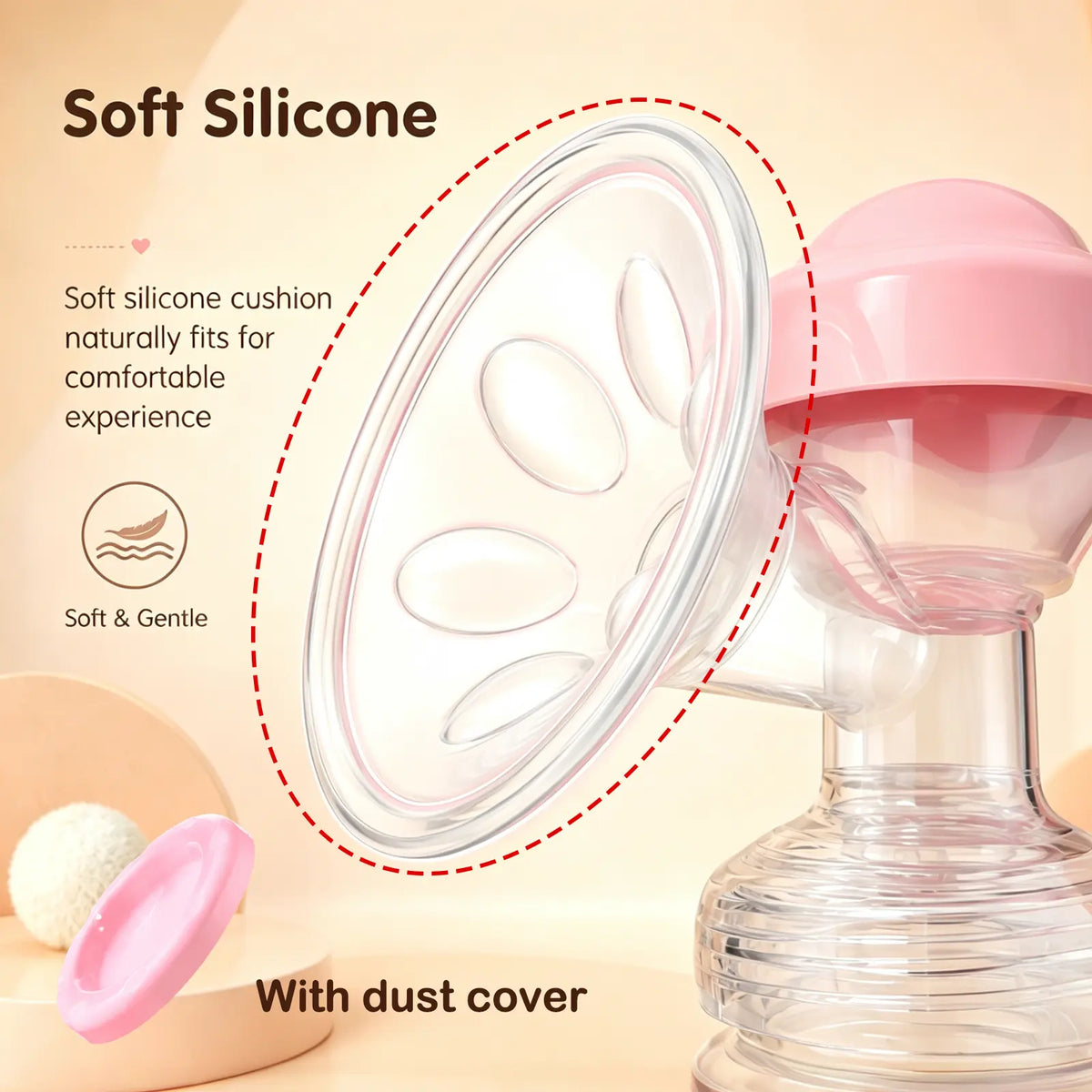 Soft silicone breast pump flange with dust cover