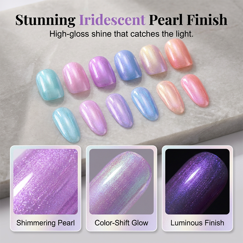 Iridescent pearl finish gel nail polish colors