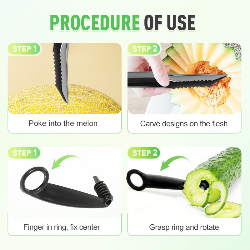 V-shape engraving fruit knife and spiral knife set