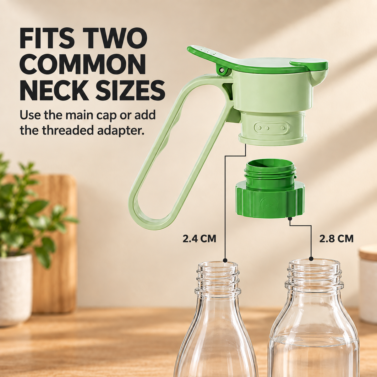 Bottle cap fitting 2.4 cm and 2.8 cm neck sizes
